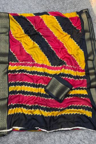 yellow striped georgette saree with unstitched blouse