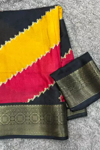 yellow striped georgette saree with unstitched blouse