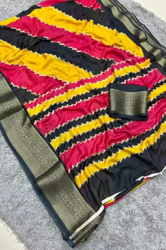 yellow striped georgette saree with unstitched blouse