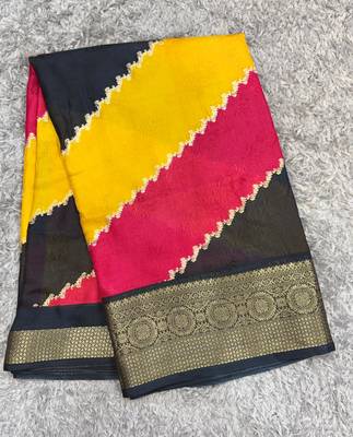 yellow striped georgette saree with unstitched blouse 5