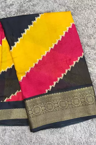 yellow striped georgette saree with unstitched blouse