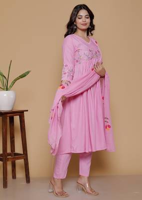 women's rayon designer ethnic flared anarkali embroidered kurti with pant & dupatta set 1