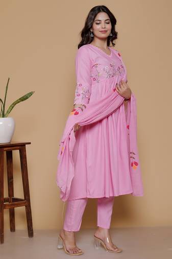 pink rayon embroidered kurta sets