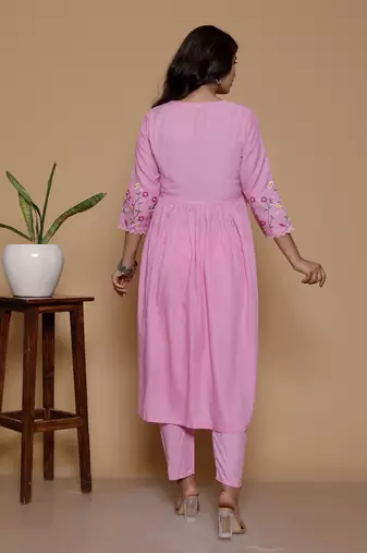 women's rayon designer ethnic flared anarkali embroidered kurti with pant & dupatta set