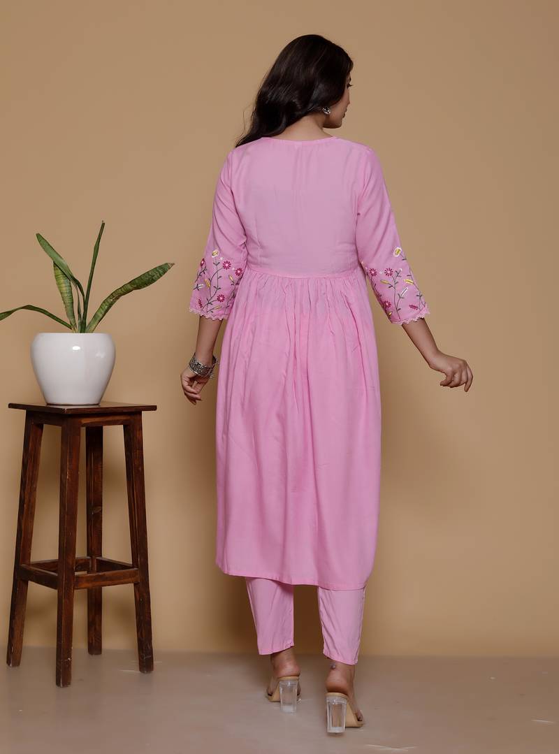 pink rayon embroidered kurta sets