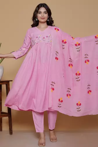 women's rayon designer ethnic flared anarkali embroidered kurti with pant & dupatta set