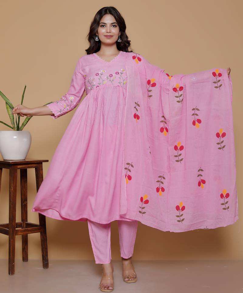 pink rayon embroidered kurta sets