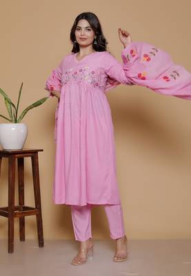 women's rayon designer ethnic flared anarkali embroidered kurti with pant & dupatta set 4