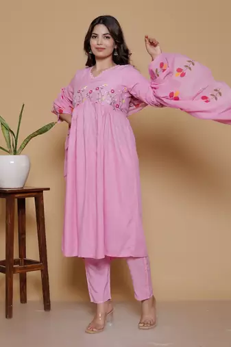 women's rayon designer ethnic flared anarkali embroidered kurti with pant & dupatta set