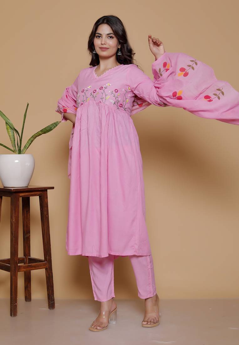 pink rayon embroidered kurta sets