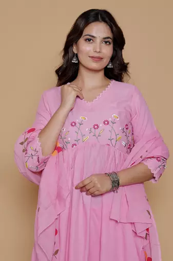 women's rayon designer ethnic flared anarkali embroidered kurti with pant & dupatta set