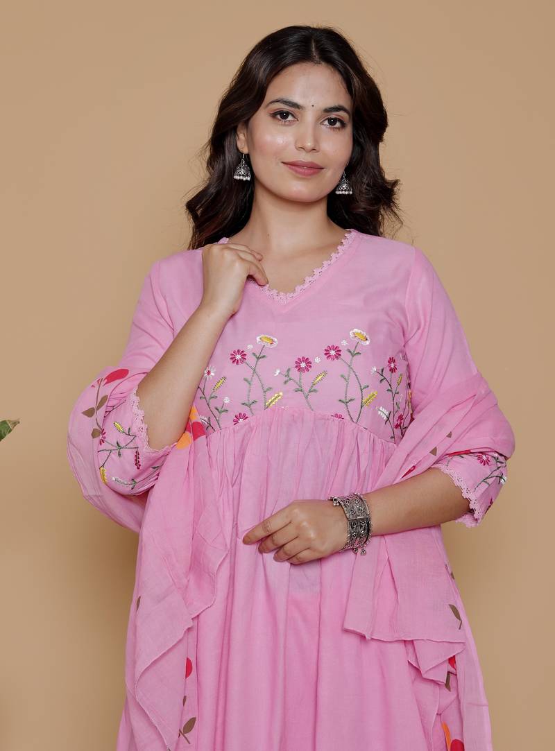pink rayon embroidered kurta sets
