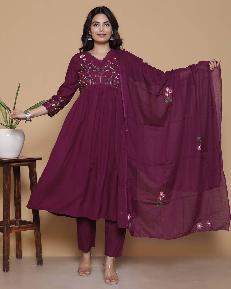 maroon rayon embroidered kurta sets