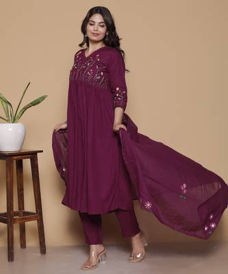 Women's rayon designer ethnic flared anarkali embroidered kurti with pant & dupatta set 2