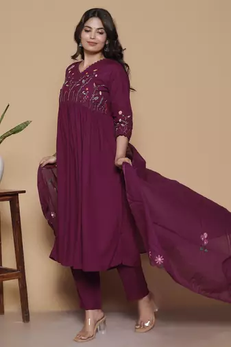 Women's rayon designer ethnic flared anarkali embroidered kurti with pant & dupatta set