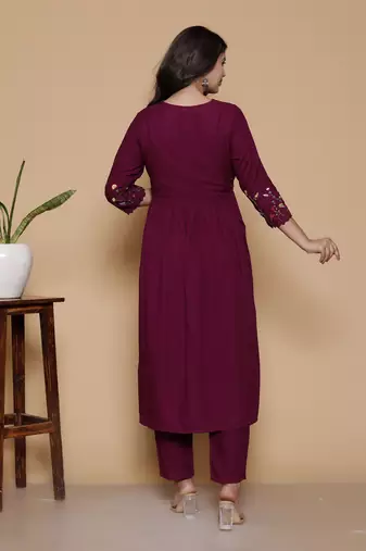 Women's rayon designer ethnic flared anarkali embroidered kurti with pant & dupatta set