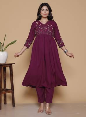 Women's rayon designer ethnic flared anarkali embroidered kurti with pant & dupatta set 4