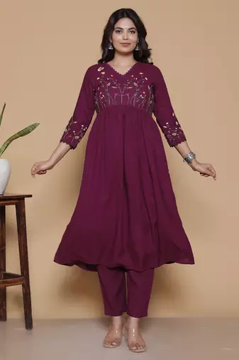 Women's rayon designer ethnic flared anarkali embroidered kurti with pant & dupatta set