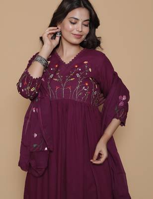 Women's rayon designer ethnic flared anarkali embroidered kurti with pant & dupatta set 5