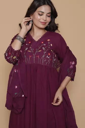Women's rayon designer ethnic flared anarkali embroidered kurti with pant & dupatta set