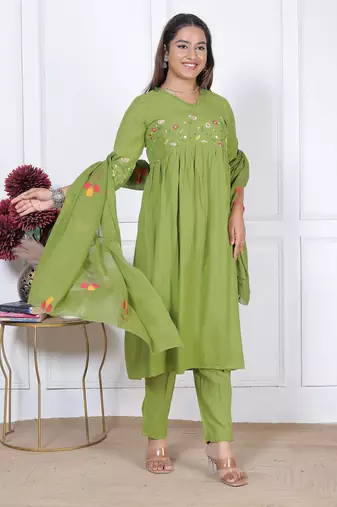green rayon embroidered kurta sets