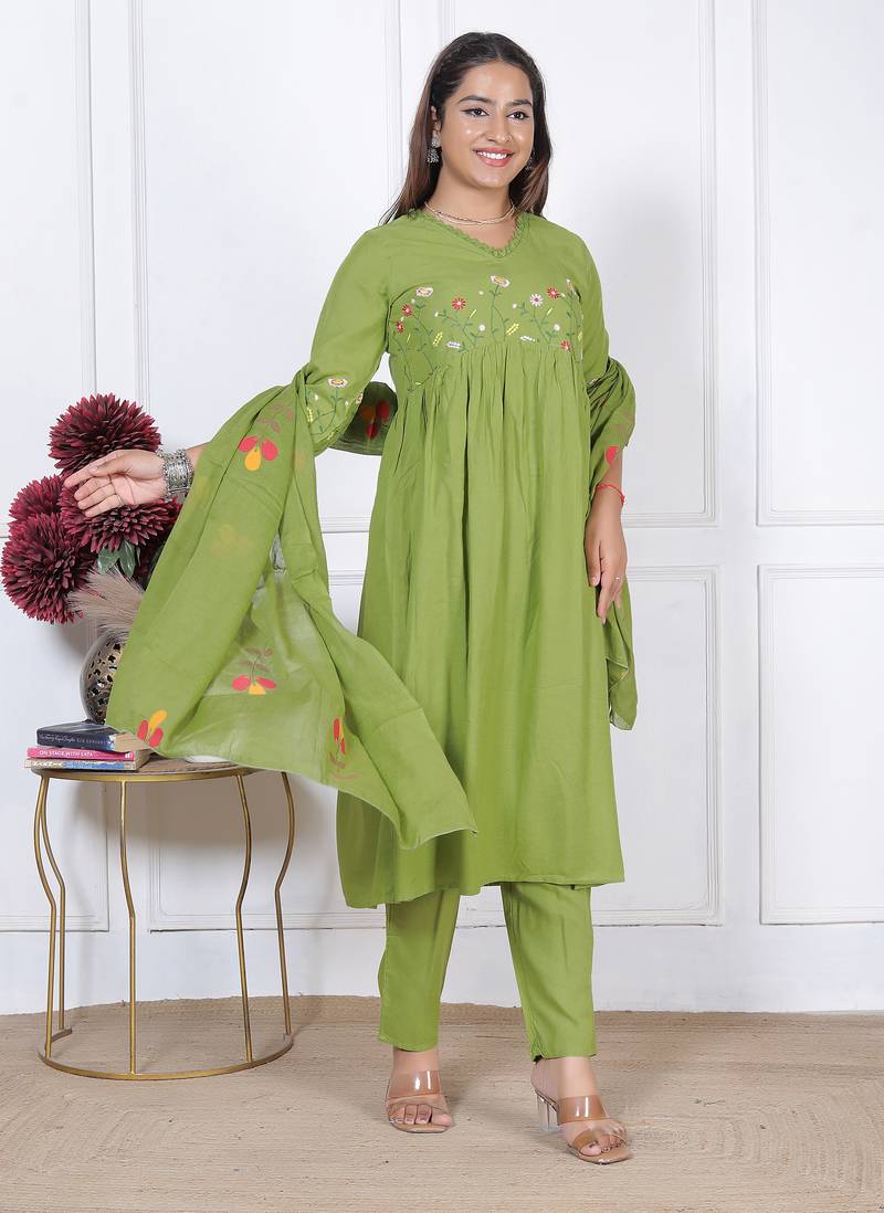 green rayon embroidered kurta sets
