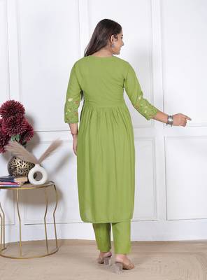 women's rayon designer ethnic flared anarkali embroidered kurti with pant & dupatta set 2