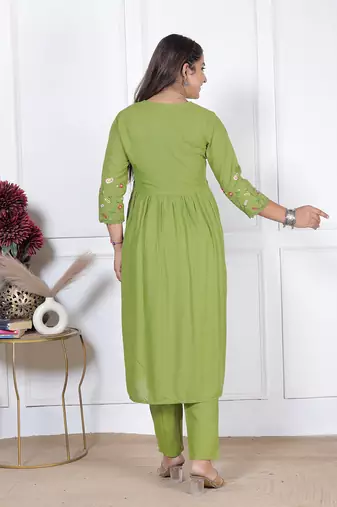 women's rayon designer ethnic flared anarkali embroidered kurti with pant & dupatta set