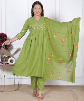 women's rayon designer ethnic flared anarkali embroidered kurti with pant & dupatta set 3
