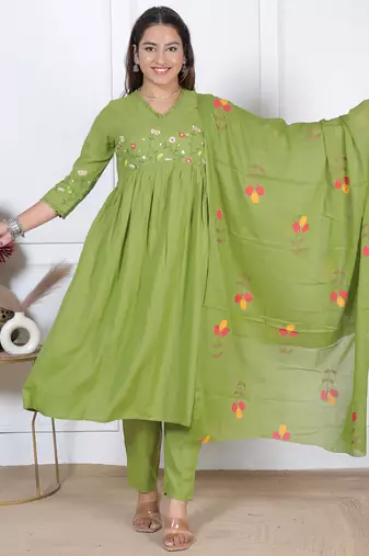 women's rayon designer ethnic flared anarkali embroidered kurti with pant & dupatta set
