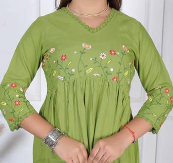 women's rayon designer ethnic flared anarkali embroidered kurti with pant & dupatta set 4