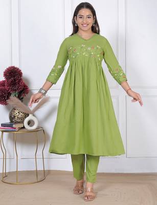 women's rayon designer ethnic flared anarkali embroidered kurti with pant & dupatta set 5