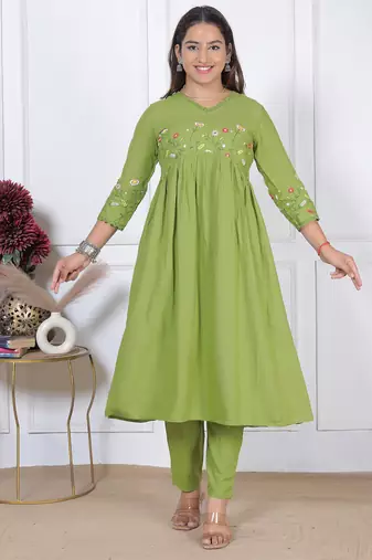 women's rayon designer ethnic flared anarkali embroidered kurti with pant & dupatta set