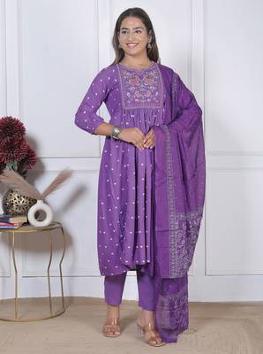 women's rayon handprinted flared anarkali embroidered kurti with pant & dupatta set | Anarkali Suit 1