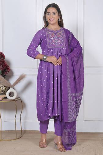 purple rayon embroidered kurta sets