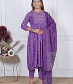 women's rayon handprinted flared anarkali embroidered kurti with pant & dupatta set | Anarkali Suit