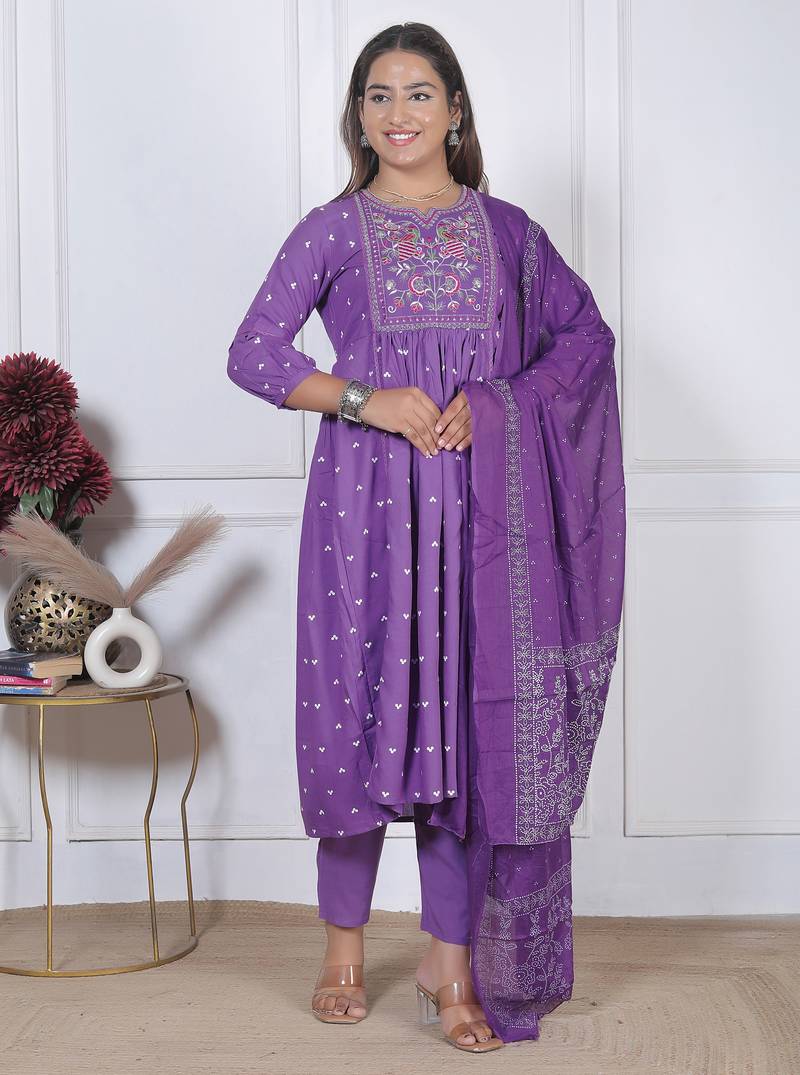 women's rayon handprinted flared anarkali embroidered kurti with pant & dupatta set | Anarkali Suit
