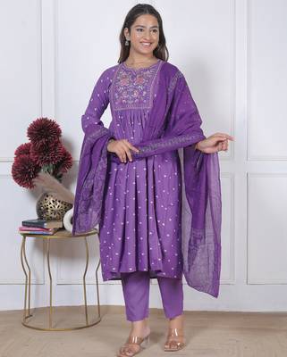 women's rayon handprinted flared anarkali embroidered kurti with pant & dupatta set | Anarkali Suit 2