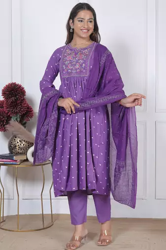 women's rayon handprinted flared anarkali embroidered kurti with pant & dupatta set | Anarkali Suit