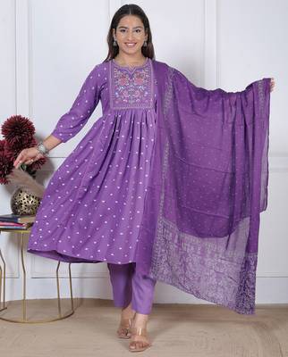 women's rayon handprinted flared anarkali embroidered kurti with pant & dupatta set | Anarkali Suit 3