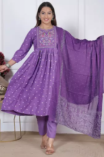 women's rayon handprinted flared anarkali embroidered kurti with pant & dupatta set | Anarkali Suit