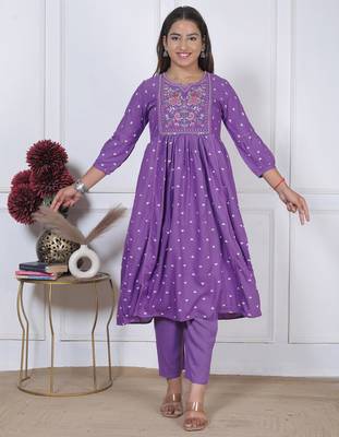 women's rayon handprinted flared anarkali embroidered kurti with pant & dupatta set | Anarkali Suit 4