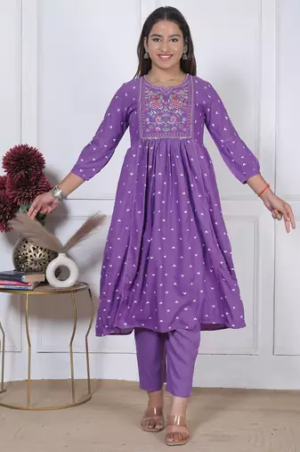 women's rayon handprinted flared anarkali embroidered kurti with pant & dupatta set | Anarkali Suit