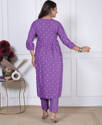 women's rayon handprinted flared anarkali embroidered kurti with pant & dupatta set | Anarkali Suit 5