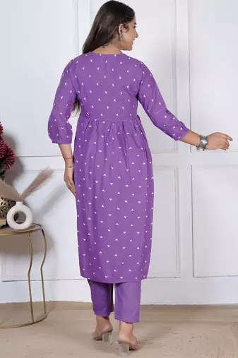 women's rayon handprinted flared anarkali embroidered kurti with pant & dupatta set | Anarkali Suit