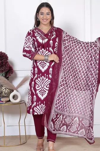 maroon rayon printed kurta sets