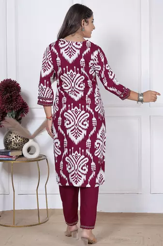 Women's rayon handblock printed designer a-line maroon indian suit set with pant & dupatta set