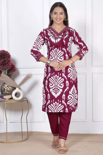 Women's rayon handblock printed designer a-line maroon indian suit set with pant & dupatta set
