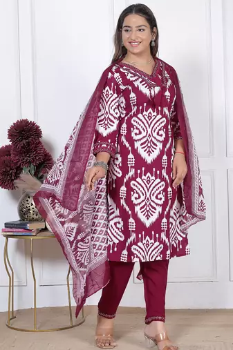 Women's rayon handblock printed designer a-line maroon indian suit set with pant & dupatta set