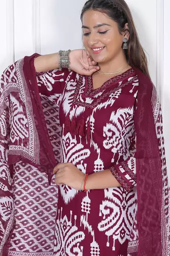 Women's rayon handblock printed designer a-line maroon indian suit set with pant & dupatta set